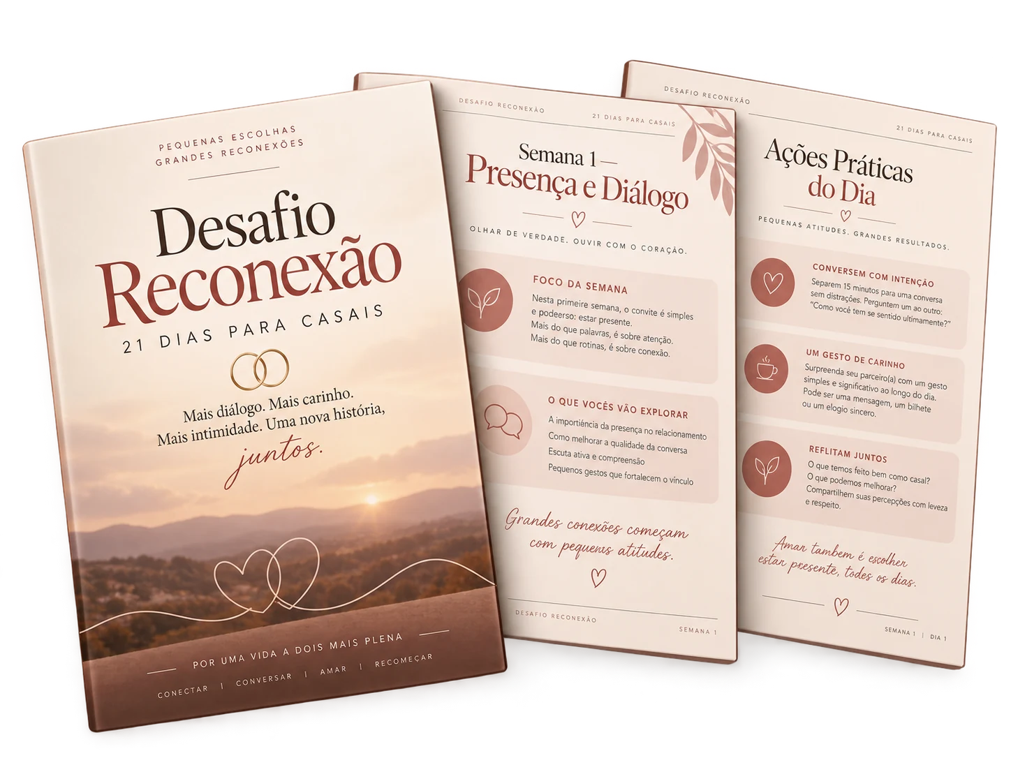 Mockups visuais dos PDFs do Desafio Reconexão